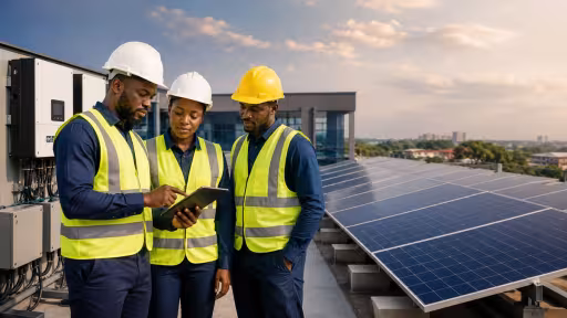 A confident Black Nigerian solar engineer in safety helmet and high-visibility vest reviewing a tablet with a small project team beside a professionally installed rooftop commercial solar array.