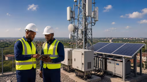 A professionally maintained telecom cell site with a communication tower, compact solar panel array, outdoor telecom equipment cabinets and neatly organised cable infrastructure.