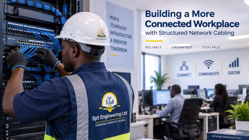 A networking engineer fixing cables with office staff at their desk in the backgroung.
