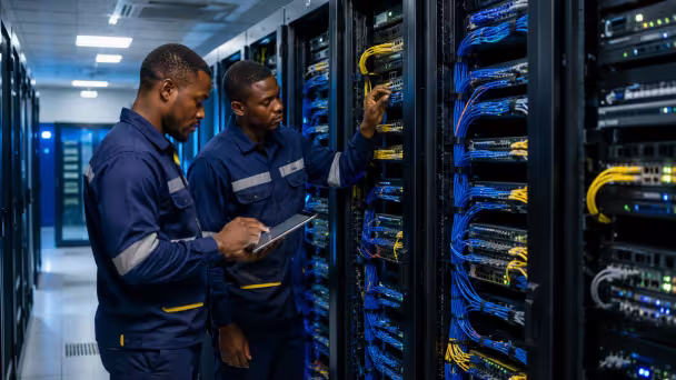 a modern, immaculate data centre or server-room environment with neatly organised structured network cabling, server racks, patch panels and network equipment.