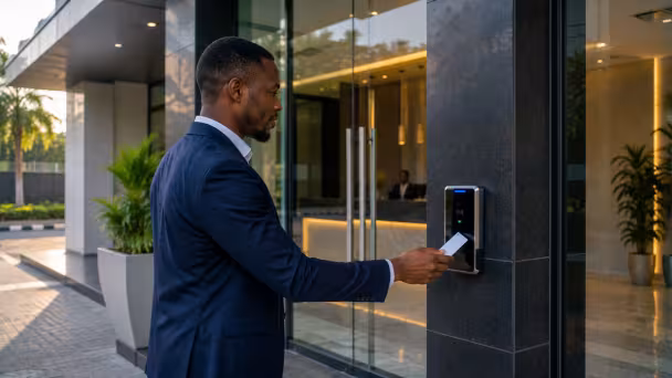 a modern corporate office or secure facility entrance with an elegant electronic access-control reader beside a glass door