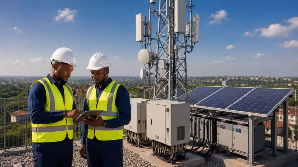 A professionally maintained telecom cell site with a communication tower, compact solar panel array, outdoor telecom equipment cabinets and neatly organised cable infrastructure.